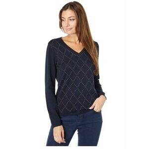 Tommy Hilfiger Women's Black Argyle Sequin V Neck Long Sleeve Sweater M